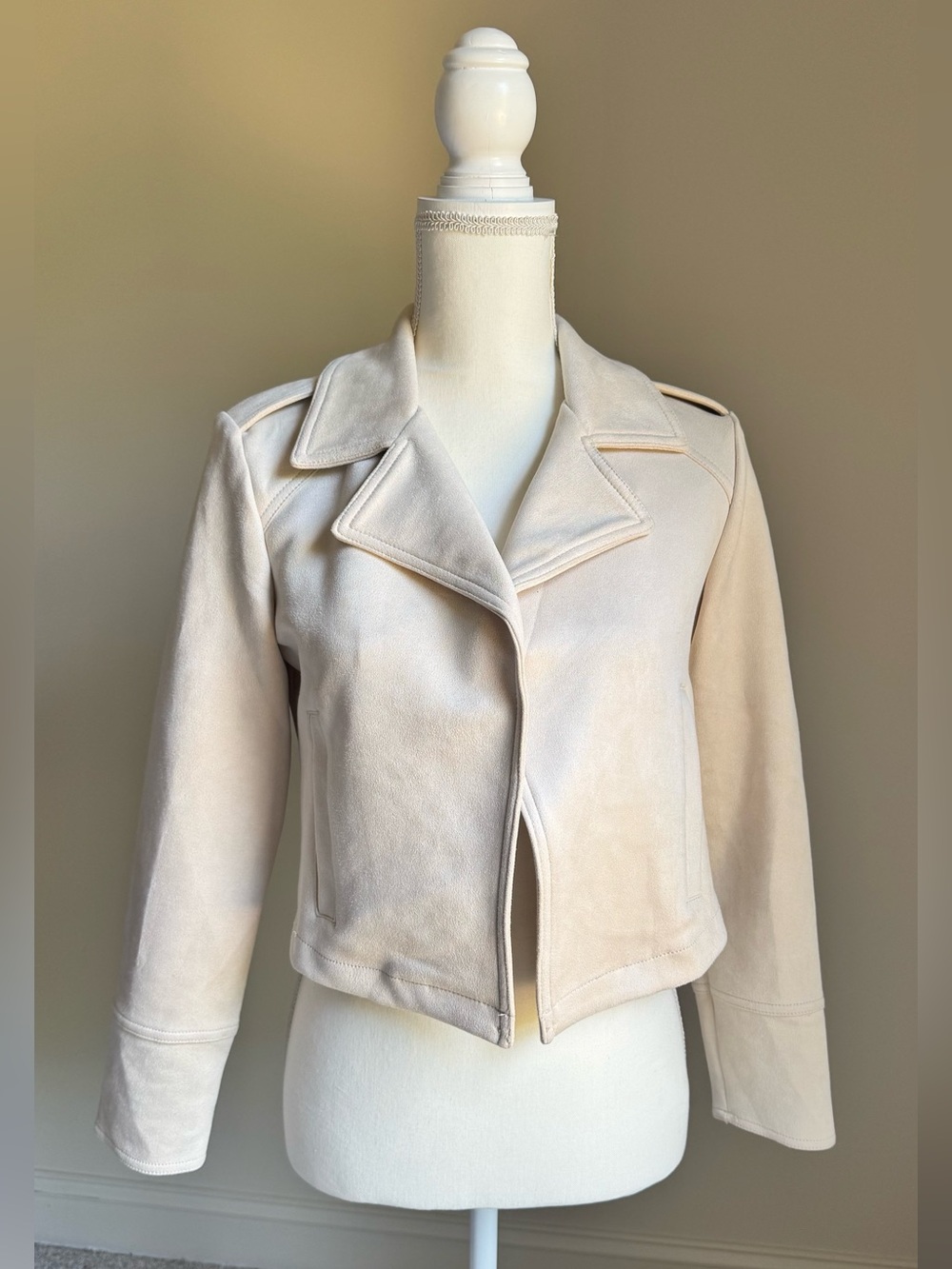 PHILOSOPHY Short Open Front Beige Faux Suede Biker Jacket Sz XS